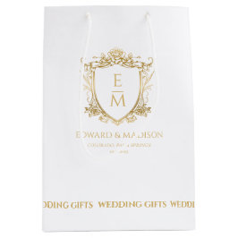 金ゴールド結婚のイニシャルとフローラ結婚クレスト ミディアムペーパーバッグ