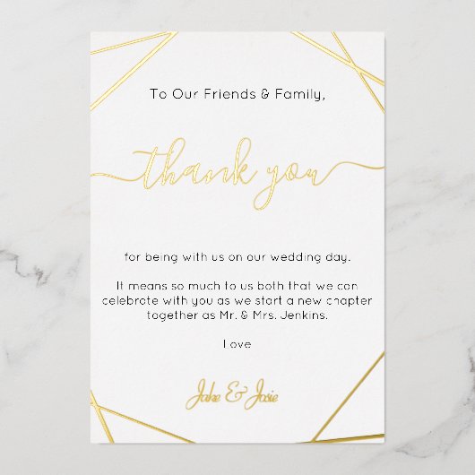 金ゴールド結婚のジオメ感謝していトリユー表カード 箔招待状 (正面)