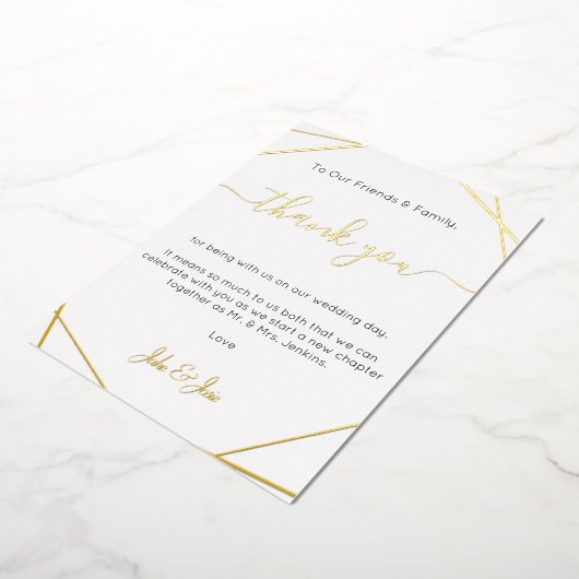 金ゴールド結婚のジオメ感謝していトリユー表カード 箔招待状 (回転した状態)