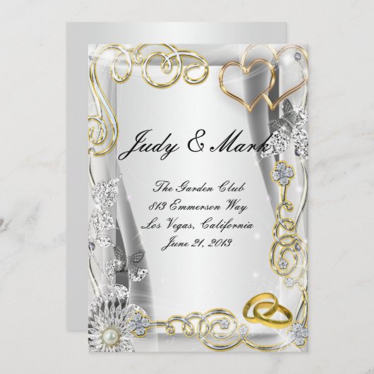 金ゴールド結婚のリングや輪とハートのメ結婚ニュー・カード メニュー (正面/裏面)