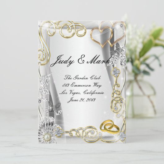 金ゴールド結婚のリングや輪とハートのメ結婚ニュー・カード メニュー (スタンド正面)