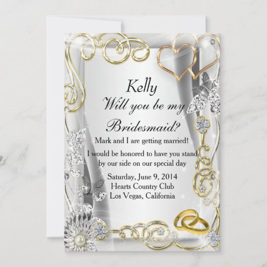 金ゴールド結婚のリングや輪とハートブリデスメイドカード 招待状 (正面)