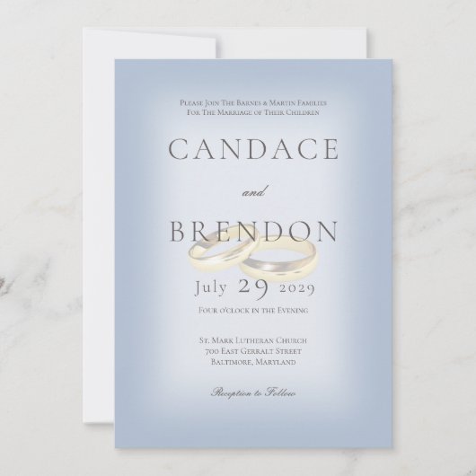 金ゴールド結婚のリングや輪オンブルー結婚式招待状 招待状 (正面)