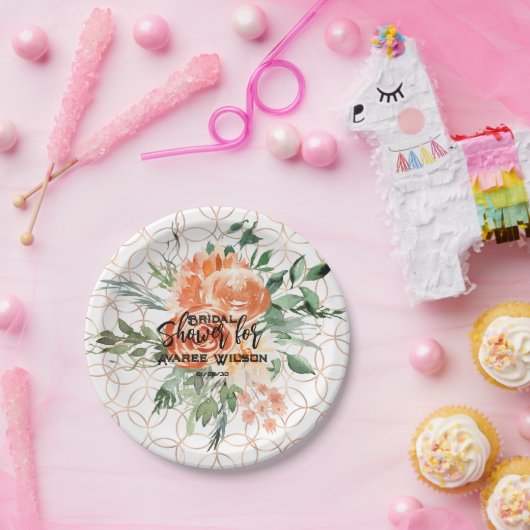 金ゴールド結婚のリングや輪パターン(オレンジ色のバラ) ペーパープレート (パーティー)