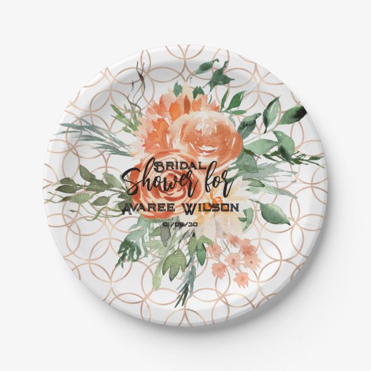 金ゴールド結婚のリングや輪パターン(オレンジ色のバラ) ペーパープレート (正面)