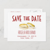 金ゴールド結婚のリングや輪レッド日付はがきを保存 案内ポストカード (正面/裏面)