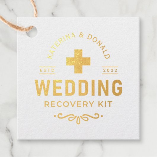 金ゴールド結婚の二日酔い回復キットフォイルメッセージカード フェイバータグ (正面)