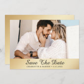 金ゴールド結婚の写真が日付カードを保存 セーブザデート (正面/裏面)