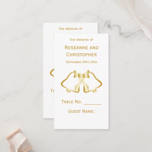 金ゴールド結婚の場所設定カードベルリボン プレイスカード (正面/裏面インサイチュ)