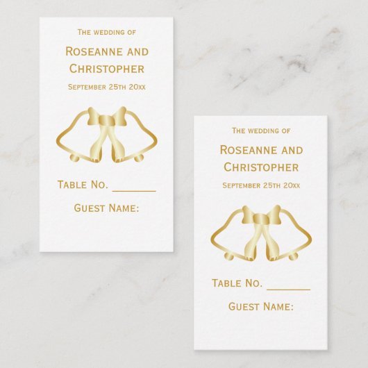 金ゴールド結婚の場所設定カードベルリボン プレイスカード (正面/裏面)