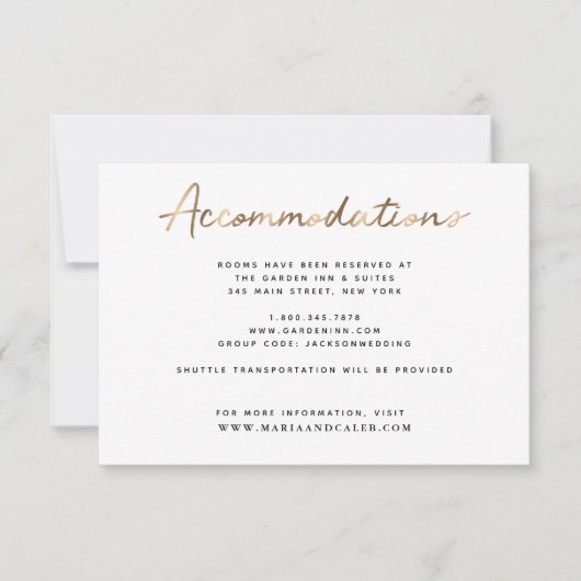 金ゴールド結婚の宿泊詳細カード 招待状 (正面)