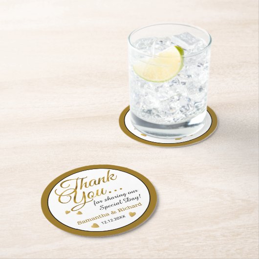 金ゴールド結婚の感謝のお願い名パーソナライズされた前 ラウンドペーパーコースター (インサイチュ)