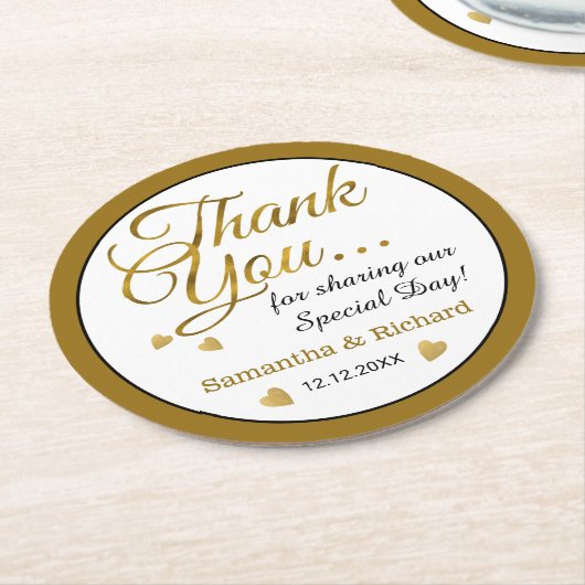 金ゴールド結婚の感謝のお願い名パーソナライズされた前 ラウンドペーパーコースター (アングル)