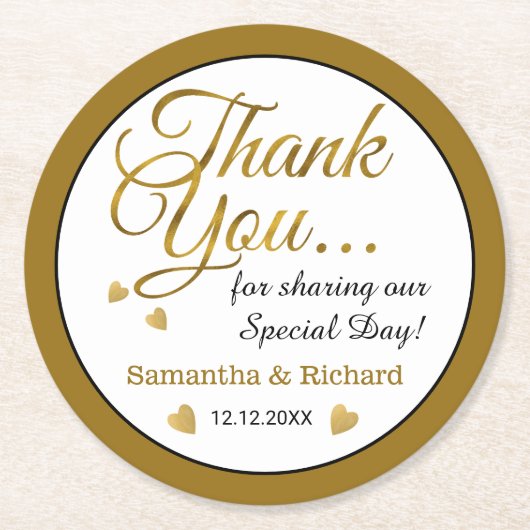 金ゴールド結婚の感謝のお願い名パーソナライズされた前 ラウンドペーパーコースター (正面)