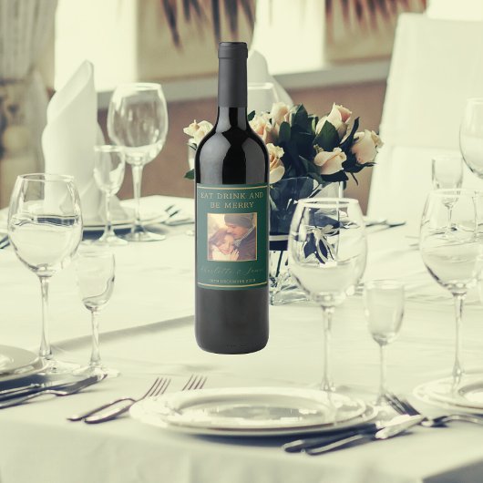 金ゴールド結婚の脚本の新郎新婦の写真 |緑 ワインラベル