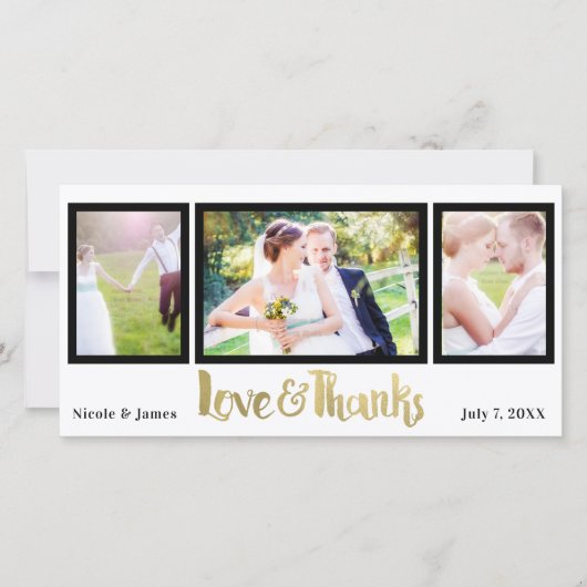 金ゴールド結婚の3枚の写真の愛と感謝していありがとう サンキューカード (正面)