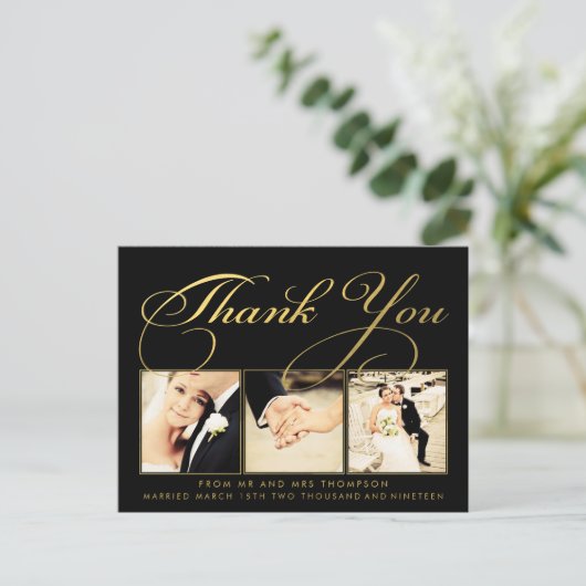金ゴールド結婚のThank You Scriptタイポグラフィ写真 ポストカード (スタンド正面)
