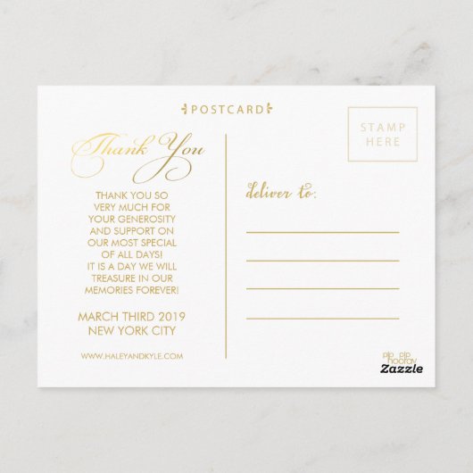 金ゴールド結婚のThank You Scriptタイポグラフィ写真 ポストカード (裏面)