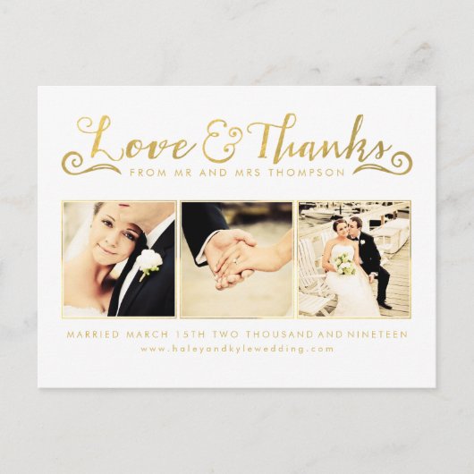 金ゴールド結婚のThank You Scriptタイポグラフィ写真 ポストカード (正面)