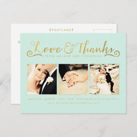 金ゴールド結婚のThank You Scriptタイポグラフィ写真 ポストカード (正面/裏面)