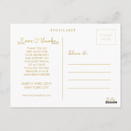 金ゴールド結婚のThank You Scriptタイポグラフィ写真 ポストカード (裏面)
