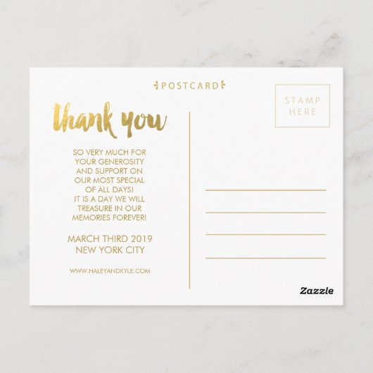 金ゴールド結婚のThank You Scriptフォトポストカード ポストカード (裏面)