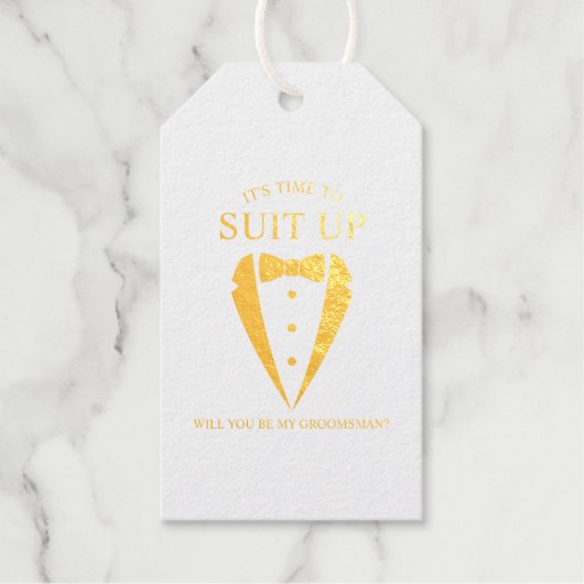 金ゴールド結婚のTuxedo Suit Groomsman提案 ギフトタグ (正面)