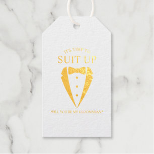 金ゴールド結婚のTuxedo Suit Groomsman提案 ギフトタグ
