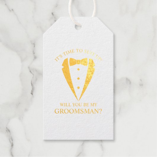 金ゴールド結婚のTuxedo Suit Groomsman提案 ギフトタグ (正面)
