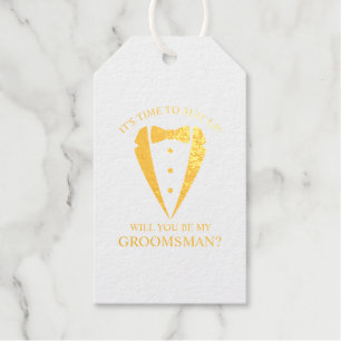 金ゴールド結婚のTuxedo Suit Groomsman提案 ギフトタグ