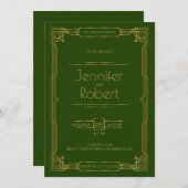 金ゴールド結婚アールデコのフレーム(緑招待状) サンキューカード (正面/裏面)