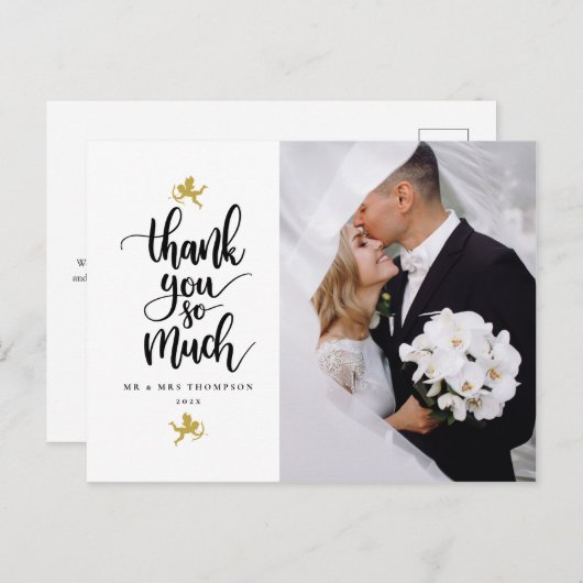 金ゴールド結婚キューピッドの写真ありがとう ポストカード (正面/裏面)