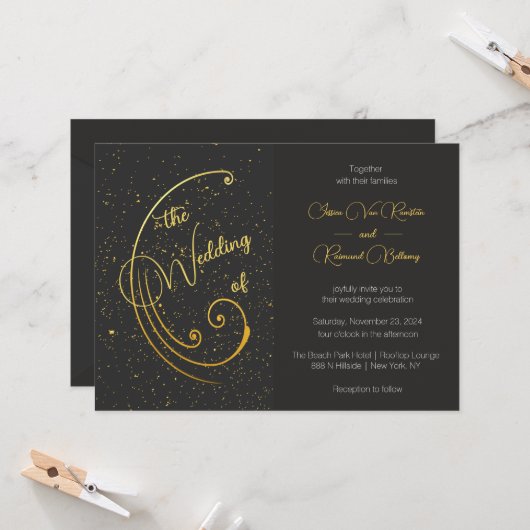 金ゴールド結婚スペックル 招待状 (正面/裏面インサイチュ)