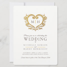 金ゴールド結婚ハート黒褐色の白 招待状