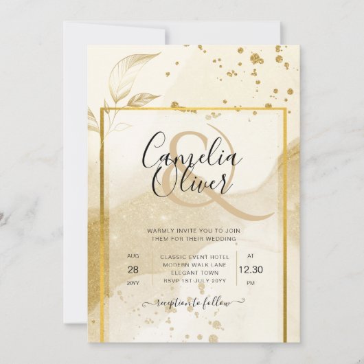 金ゴールド結婚パールのアルコール抽象芸術LeahG 招待状 (正面)