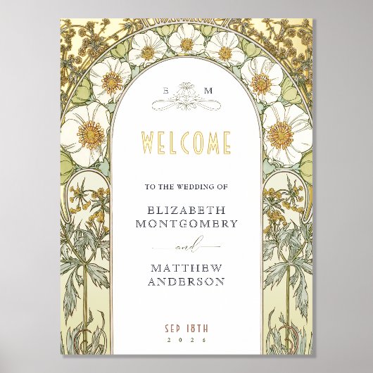 金ゴールド結婚マグノリアの植物歓迎のサイン 箔ポスター (正面)