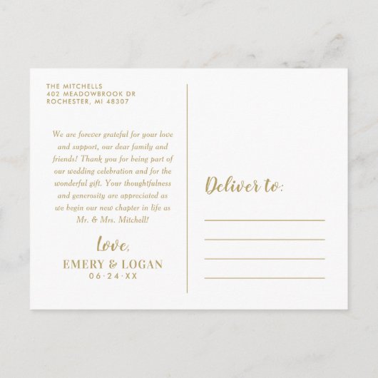 金ゴールド結婚モノグラムの写真コラージュ ポストカード (裏面)