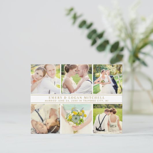 金ゴールド結婚モノグラムの写真コラージュ ポストカード (スタンド正面)