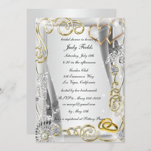 金ゴールド結婚リングや輪ハートブライダルシャワー招待状 招待状 (正面/裏面)