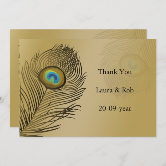 金ゴールド結婚孔雀の感謝 招待状 (正面/裏面)