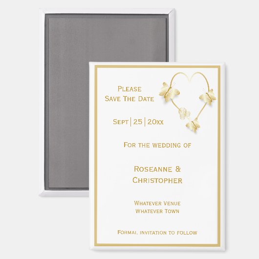 金ゴールド結婚式の日付磁石蝶を保存 マグネット (正面/裏面)