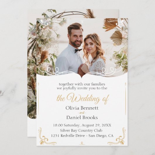 金ゴールド結婚式招待状カード（写真付） 招待状 (正面/裏面)