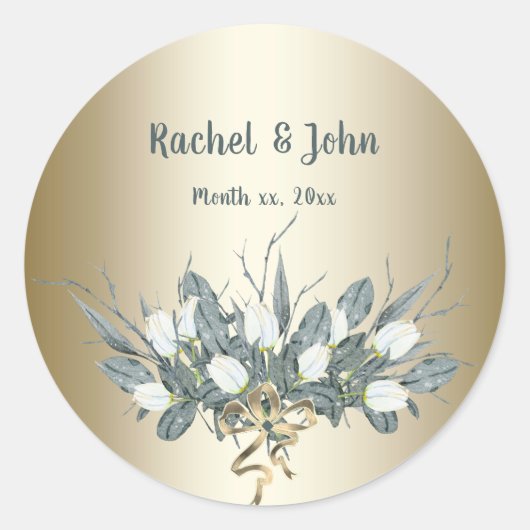 金ゴールド結婚式用シール（白いチューリップ付） ラウンドシール (正面)