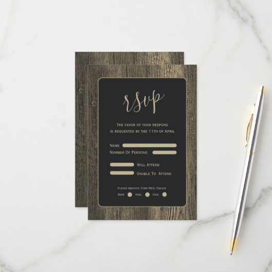 金ゴールド結婚木目 出欠カード (正面/裏面インサイチュ)