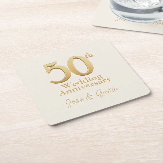 金ゴールド結婚50周年 | シャンパンホワイト スクエアペーパーコースター (アングル)