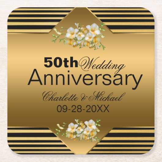 金ゴールド結婚50周年 スクエアペーパーコースター (正面)