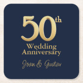 金ゴールド結婚50周年 | ネイビーブルー スクエアペーパーコースター (正面)
