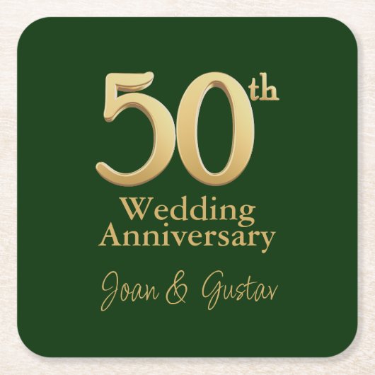 金ゴールド結婚50周年 | Green スクエアペーパーコースター (正面)