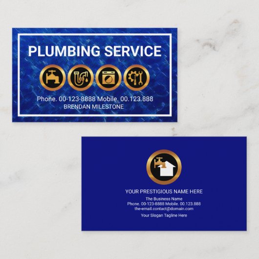 金ゴールド給排水衛生設備配管アイコンフレームフラッドウォーターズ配管工 名刺 (正面/裏面)