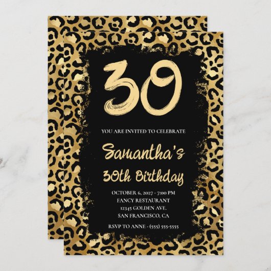 金ゴールド絵を描ヒョウブラック30歳の誕生日 招待状 (正面/裏面)